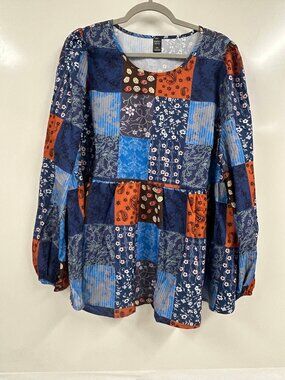 Emery Rose 2XL Boho Patchwork Blouse BlueFloral Cottagecore Peasant Top Festival